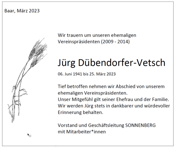 Die Todesanzeige von Jürg Dübendorfer-Vetsch